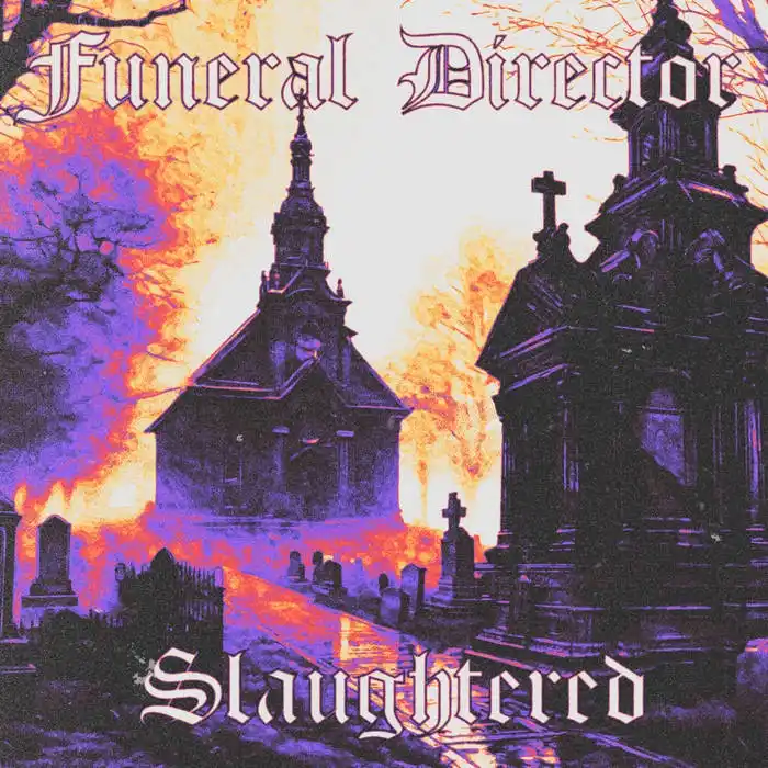 An album cover for the band Funeral Director, featuring a dark, gothic cemetery scene with a church and tombstones under a…