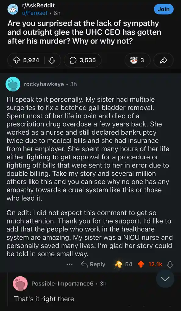 A screenshot of a Reddit post from r/AskReddit asking about public reaction to the murder of a UHC CEO. A highly upvoted…