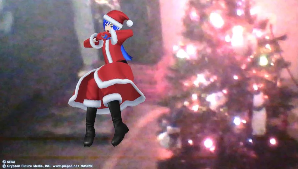 A blue-haired anime-style character in a red and white Santa outfit, including a hat and boots, is mid-air with hands near…