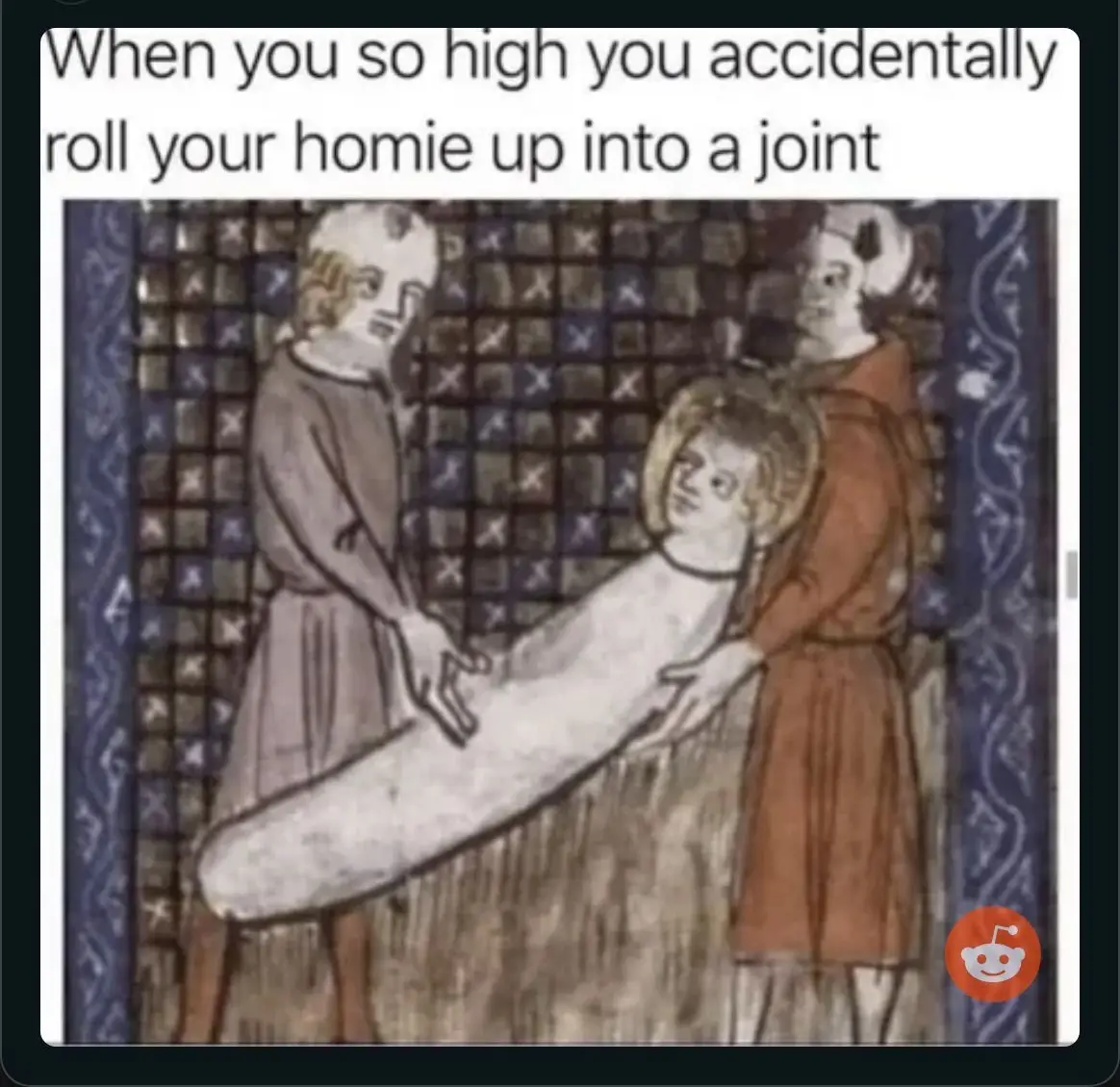 The image shows a medieval-style illustration of two people holding a long, thin, white object that resembles a rolled-up…