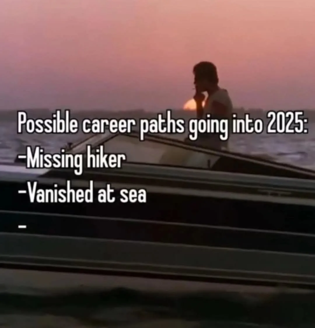 A person is silhouetted in a boat on water during sunset, looking pensive. Overlaid white text lists 'Possible career paths…