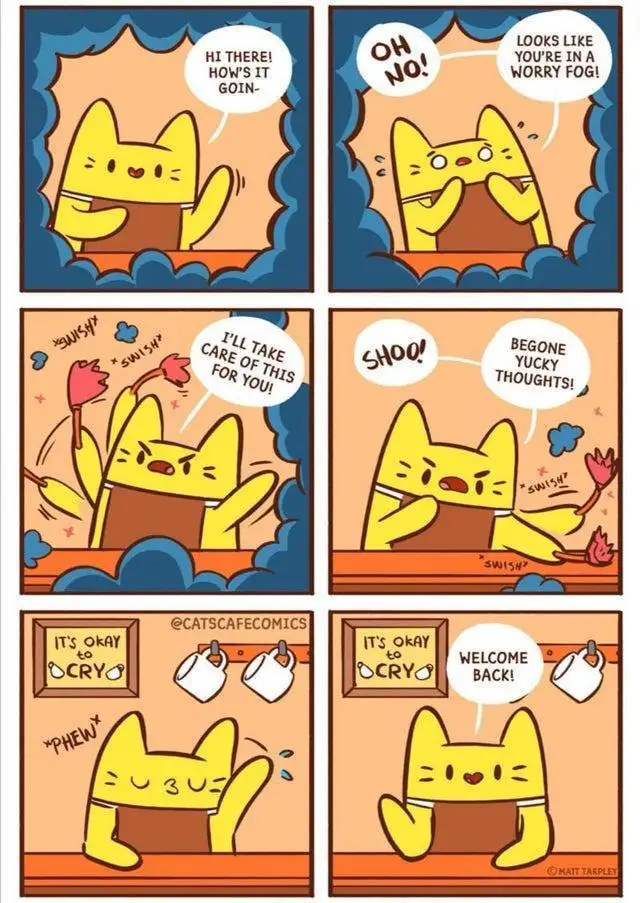 A six-panel comic strip featuring a yellow cartoon cat in a cafe setting. The cat greets a customer, notices their worried…