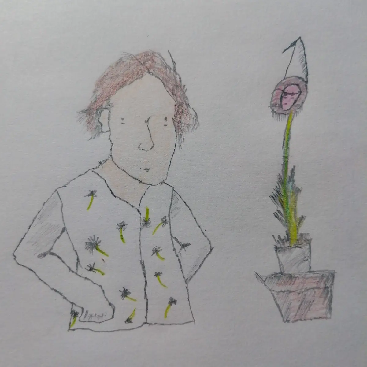 A hand-drawn sketch shows a person with messy hair and a dandelion-patterned shirt standing next to a tall potted plant. The…
