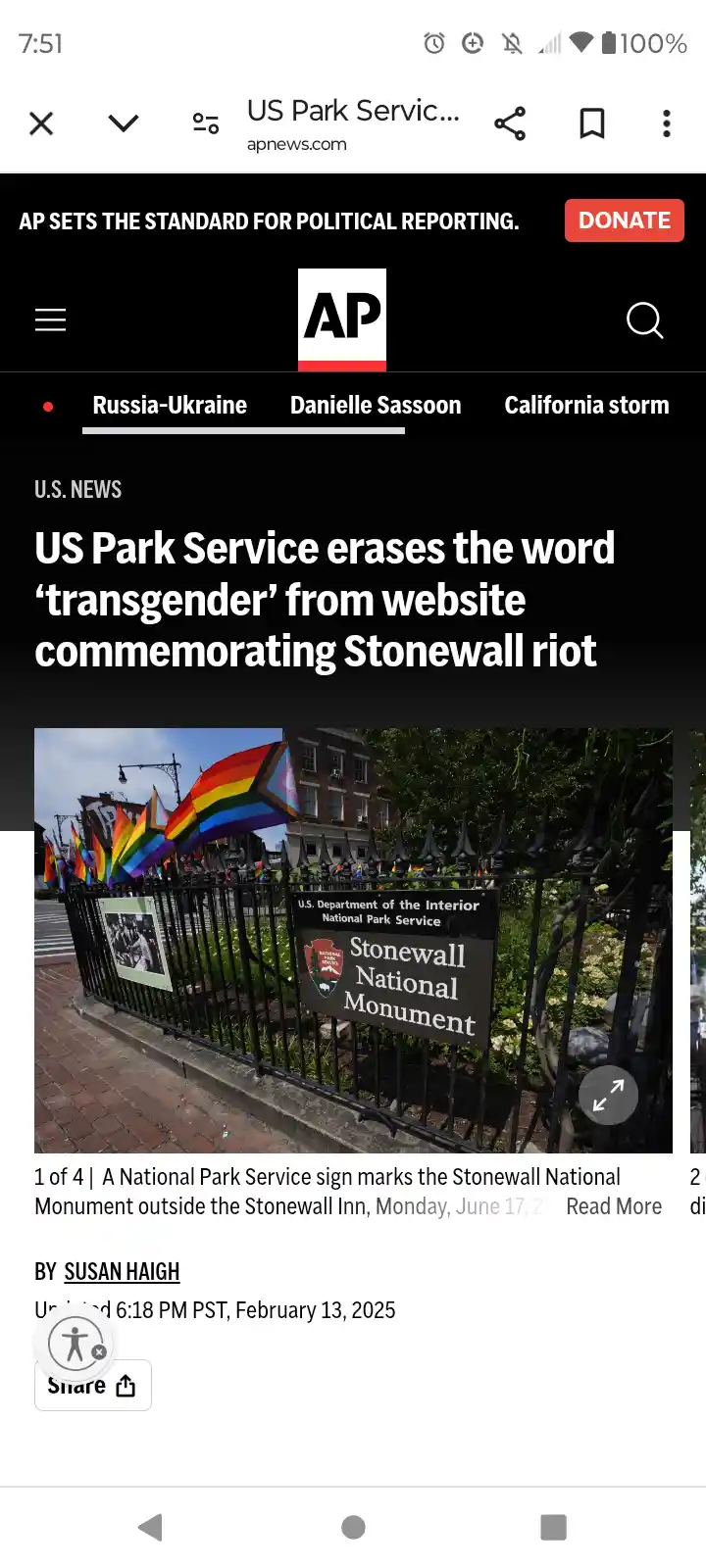 A screenshot of an AP News article headline about the US Park Service removing the word 'transgender' from its website for…