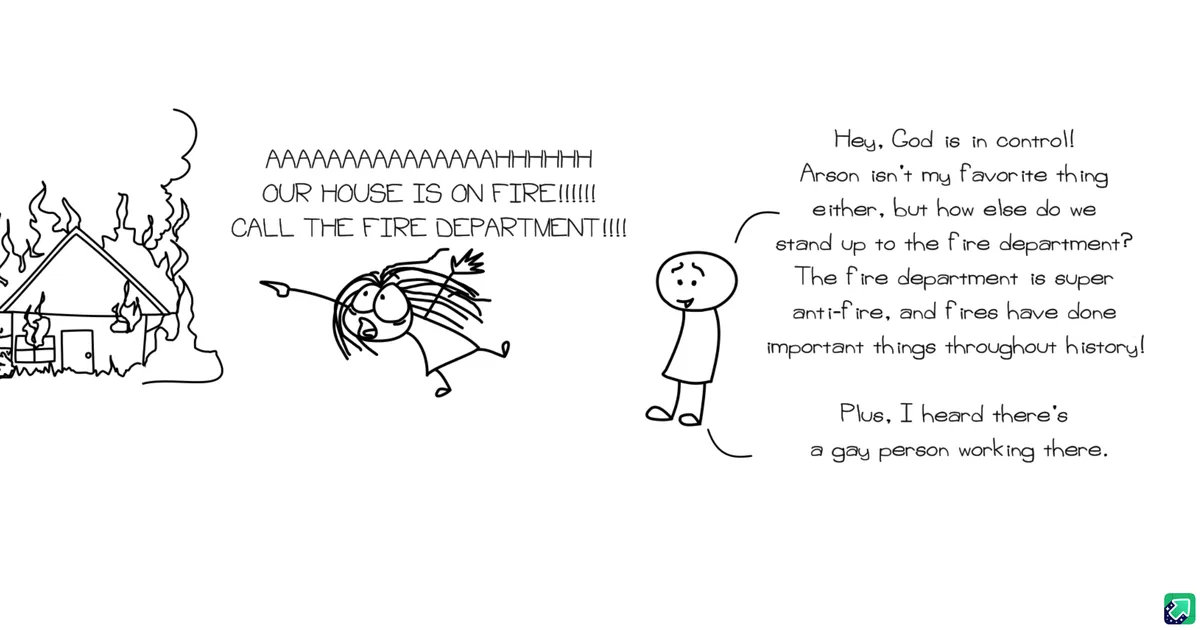 A stick-figure comic shows a panicked person screaming about their house on fire and demanding to call the fire department…