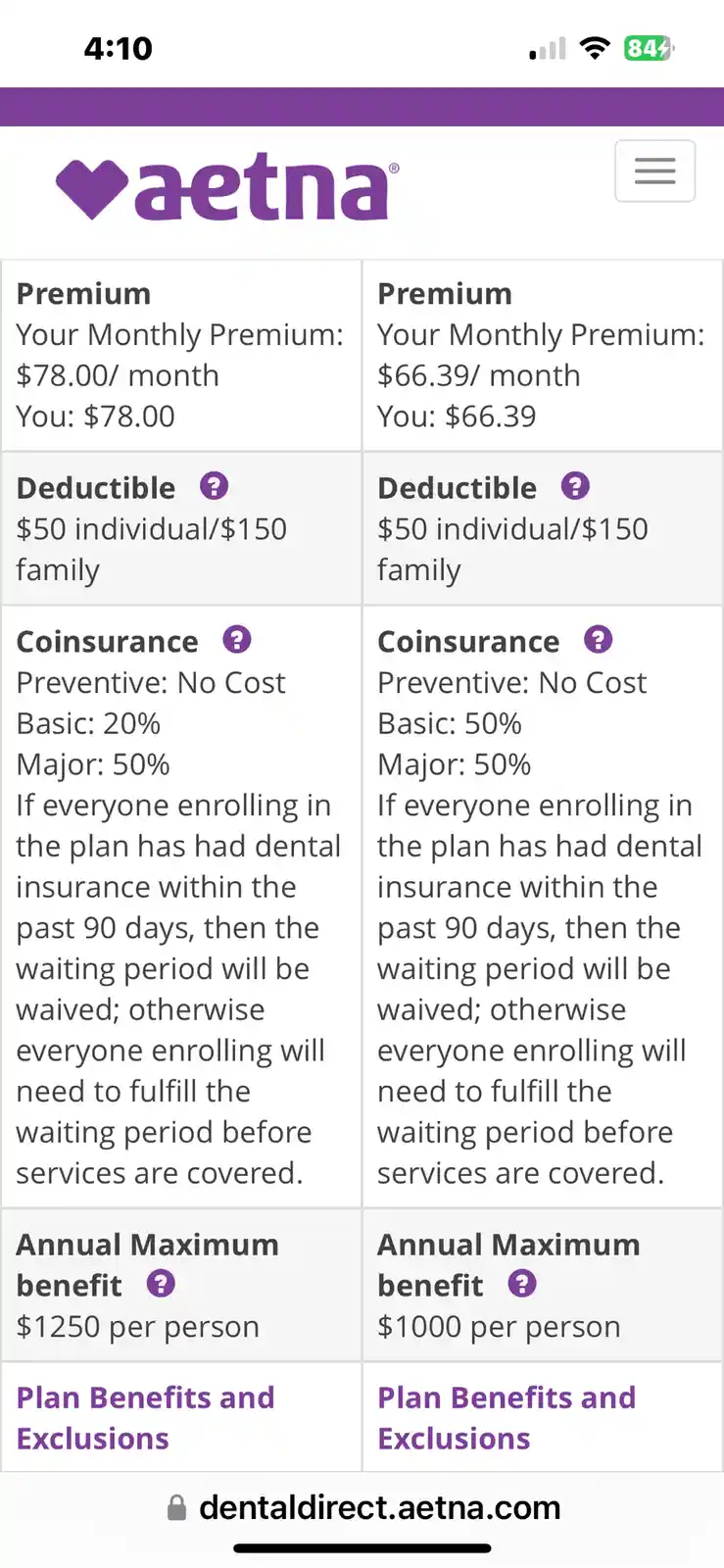 A screenshot of an Aetna dental insurance comparison page showing two plans side by side. The left plan has a higher monthly…