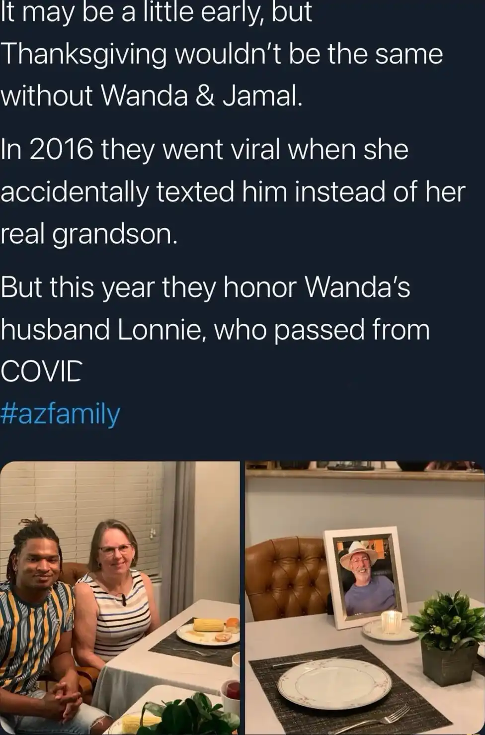 The image shows two side-by-side photos: one of a woman and a young man sitting at a Thanksgiving dinner table, and the…