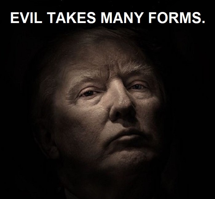A dark, dramatic close-up of Donald Trump's face, lit from the front against a black background, with the text 'EVIL TAKES…