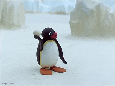 A six-panel sequence from the claymation show 'Pingu' shows the penguin character holding a snowball, throwing it, and then…