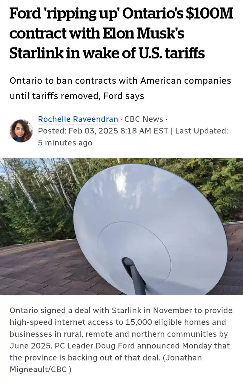 A news article screenshot shows a headline about Ontario canceling a $100 million Starlink contract due to U.S. tariffs…