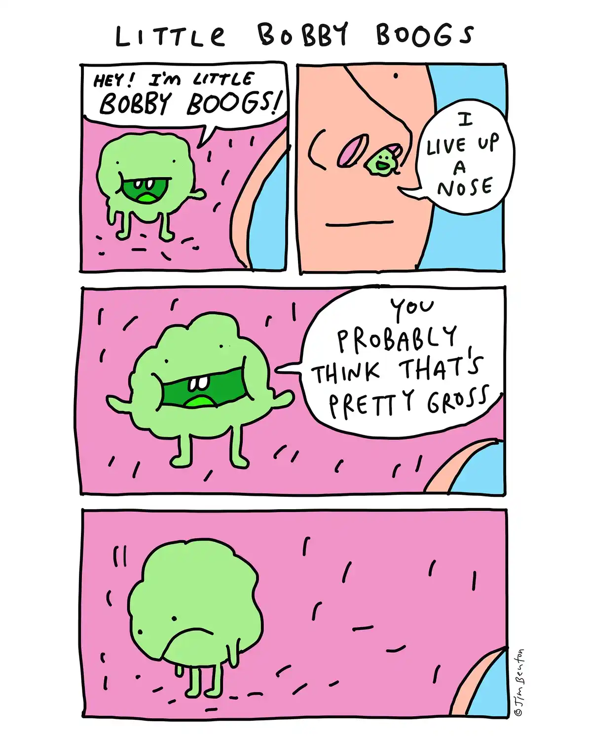 A four-panel comic strip titled 'LITTLE BOBBY BOOGS' shows a green, blob-like character introducing itself inside a human…