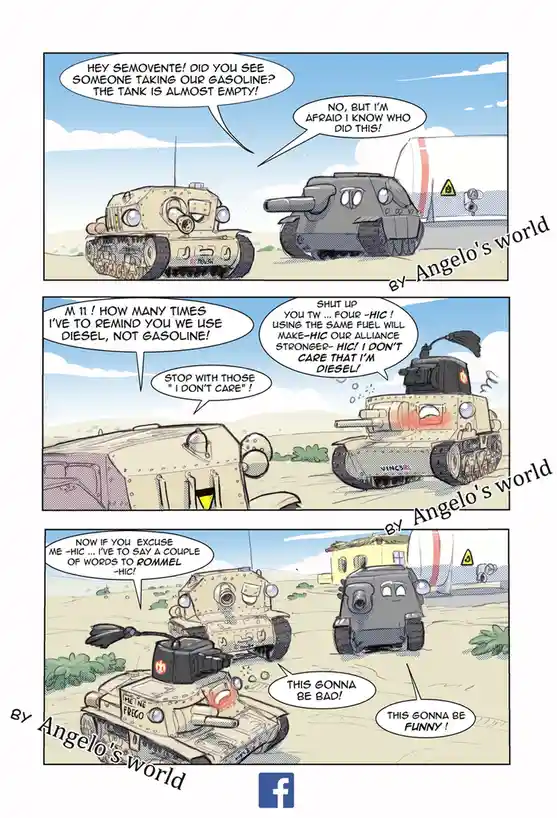 A three-panel comic strip featuring anthropomorphic tanks. In the first panel, a tan tank asks a grey tank if it saw someone…