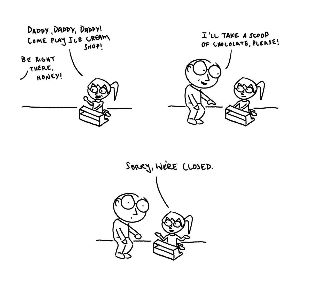 A three-panel black-and-white comic strip shows a child playing ice cream shop with a cardboard box counter. In the first…