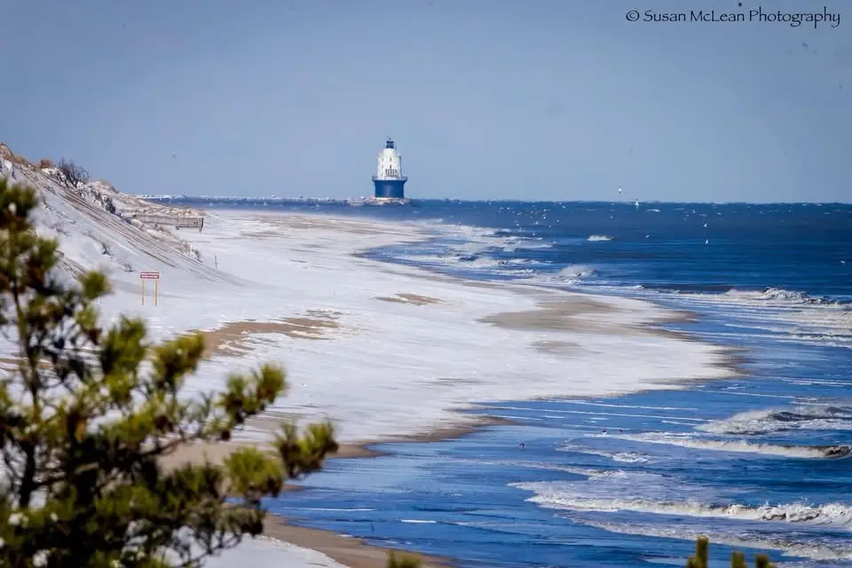 A snowy beach scene with waves crashing on shore, a lighthouse in the distance, and evergreen branches in the foreground…