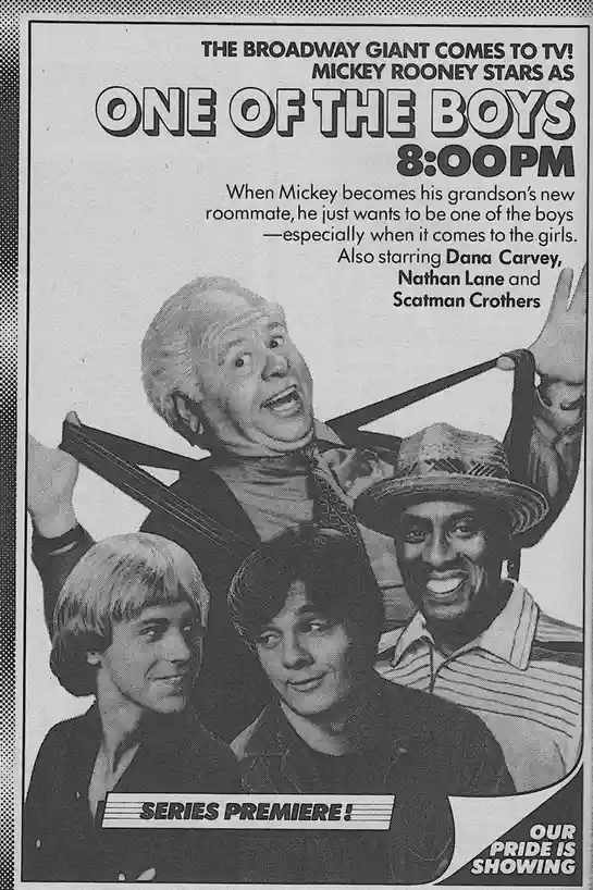 A black-and-white vintage TV show poster for 'One of the Boys' starring Mickey Rooney, featuring him in a large, exaggerated…