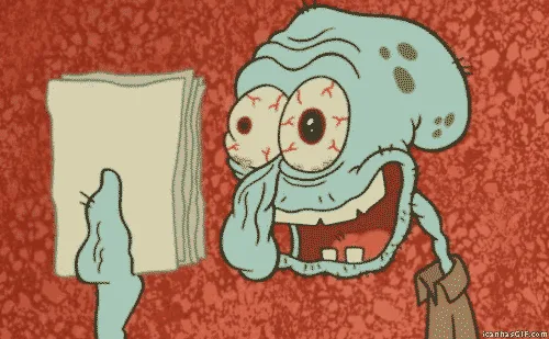 The image shows two rows of three panels each featuring the animated character Squidward from SpongeBob SquarePants. In each…