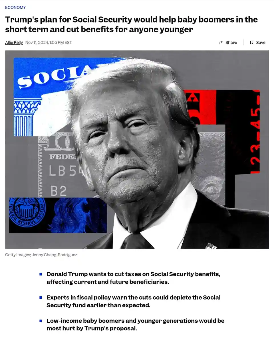 A black-and-white photo of Donald Trump is overlaid with fragmented images of U.S. currency, the Social Security logo, and…
