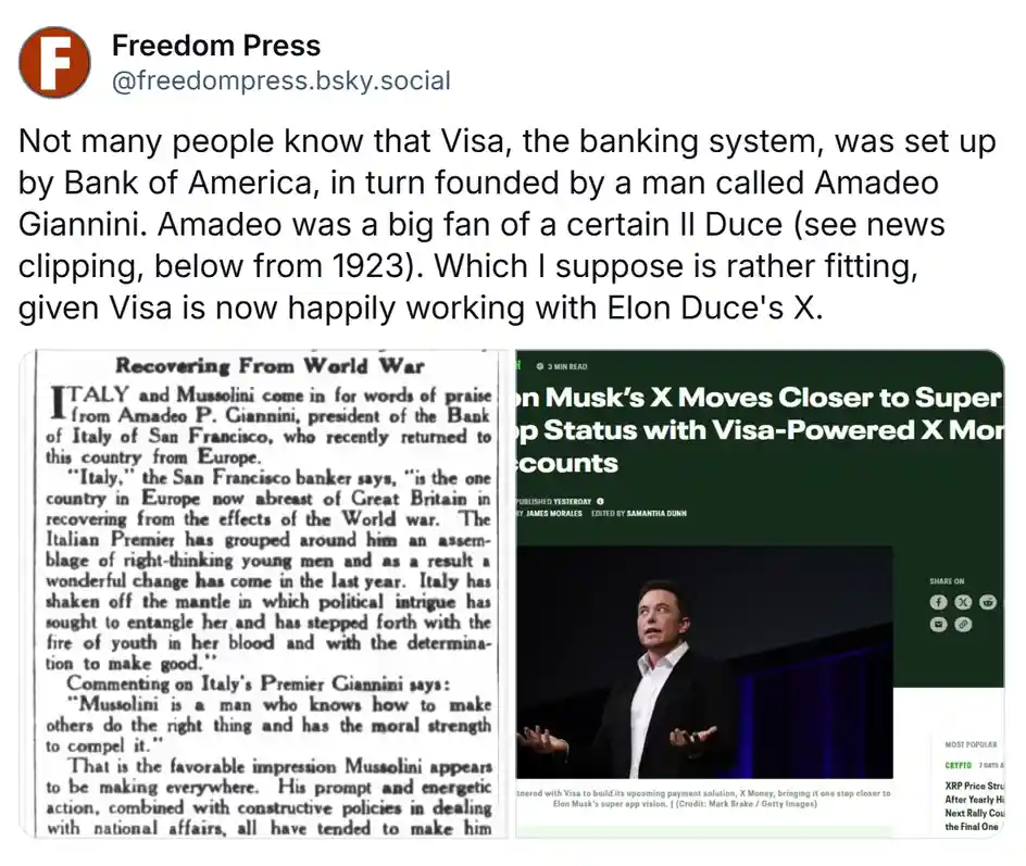 The image displays two side-by-side articles: one is a 1923 newspaper clipping praising Amadeo Giannini for his admiration…