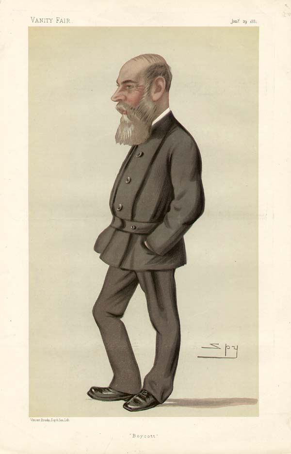 A vintage 1881 Vanity Fair caricature by Spy depicts a man in a dark suit with a prominent beard and receding hairline…