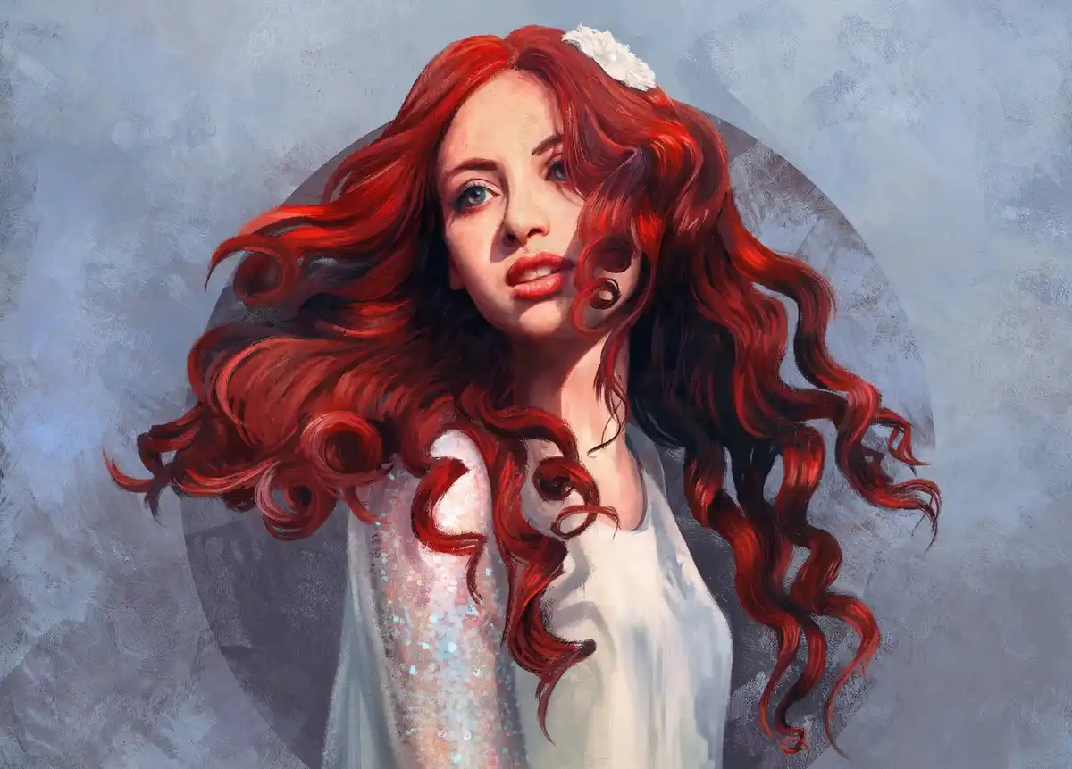A digital painting of a woman with long, flowing red hair and blue eyes, wearing a white dress with sparkly details on one…
