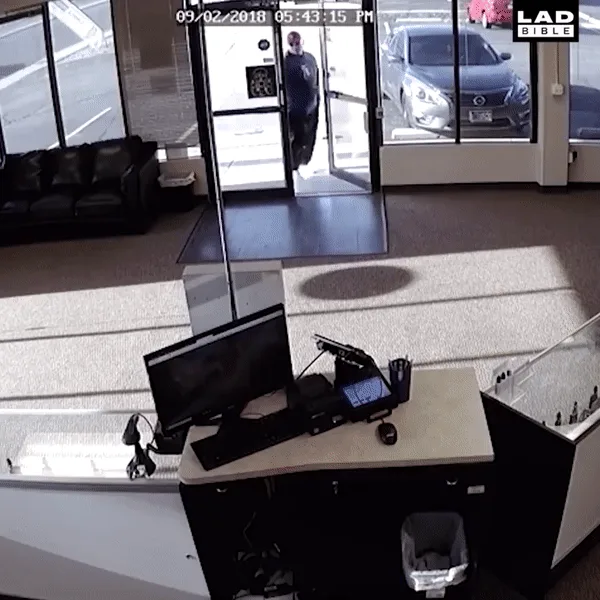 A security camera sequence shows a man entering a bank, pulling out a gun, then dropping it and pretending to be a customer…