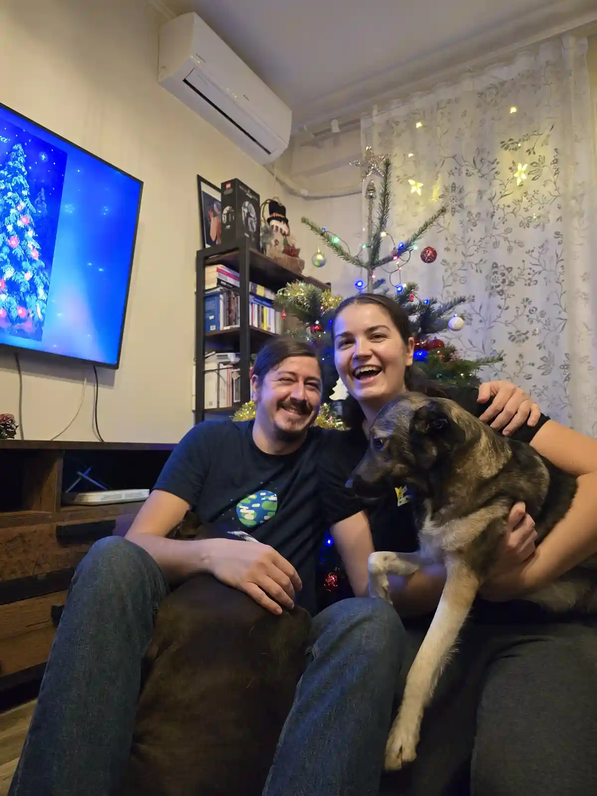 A man and woman sit on a couch with two dogs in a cozy living room decorated for Christmas, with a small tree and festive…