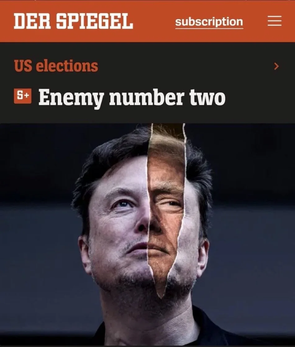 The image shows a split-face composite of Elon Musk on the left and Donald Trump on the right, overlaid on a screenshot of a…