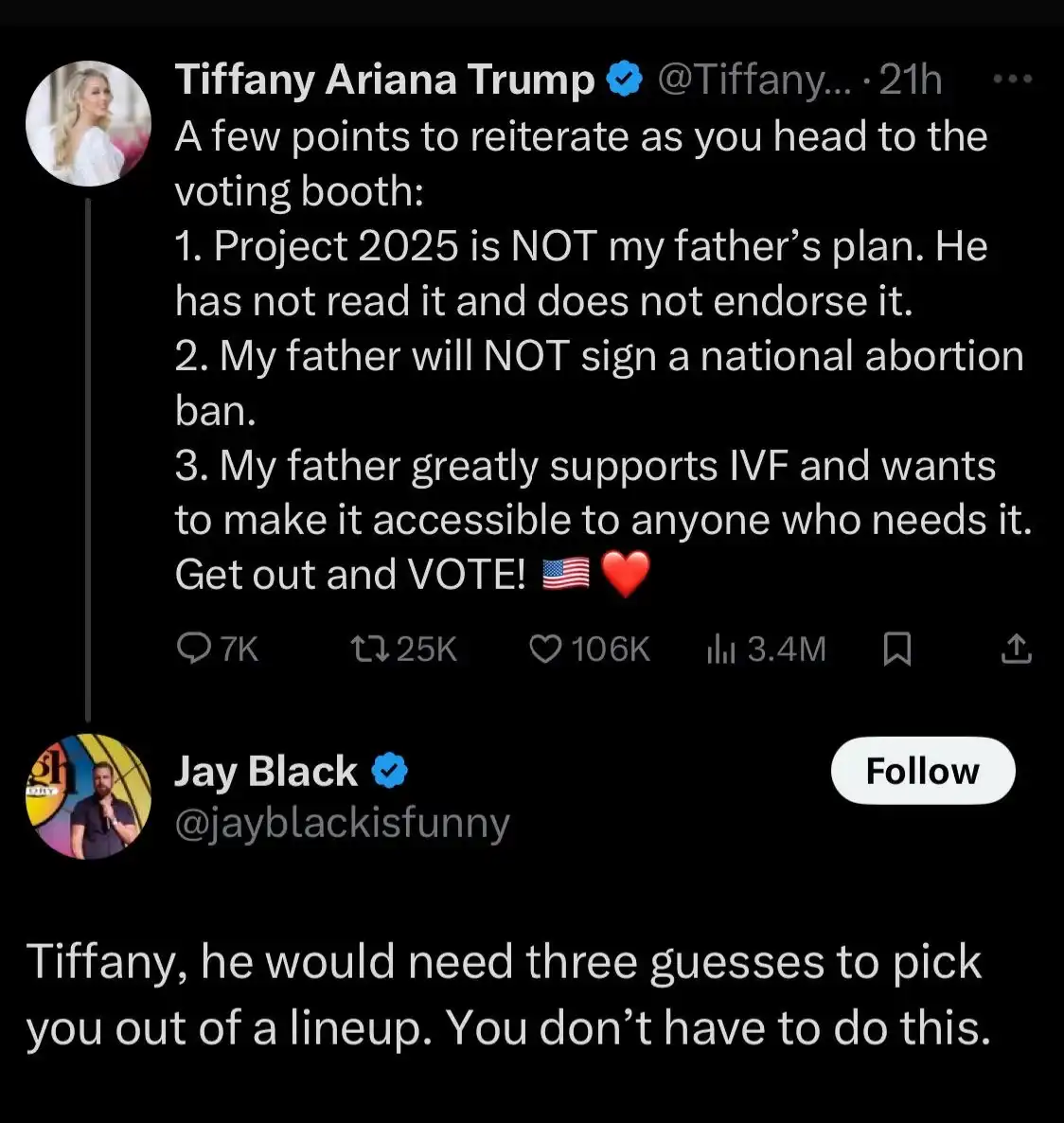 A screenshot of a Twitter thread shows Tiffany Ariana Trump's tweet listing three points about her father's political…