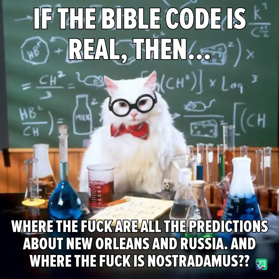 A white cat wearing large black-rimmed glasses and a red bow tie sits at a cluttered chemistry lab desk surrounded by…