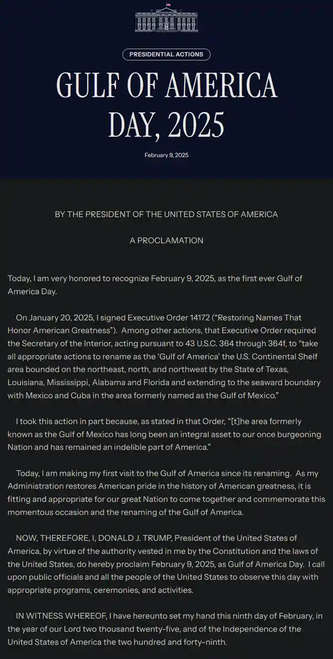 An image displays a fake presidential proclamation titled 'GULF OF AMERICA DAY, 2025' dated February 9, 2025, signed by…