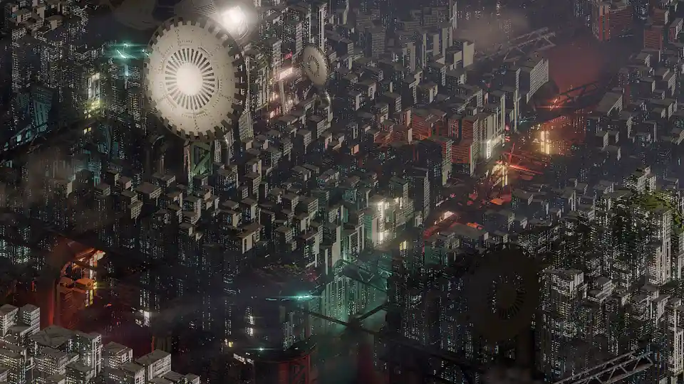 An aerial view of a dense, futuristic cityscape at night, featuring towering skyscrapers, glowing windows, and large…