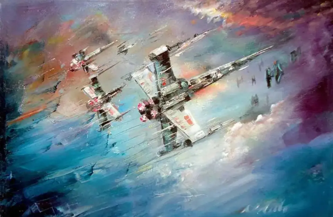 A dynamic, painterly artwork depicts multiple X-wing starfighters in mid-flight against a swirling, colorful sky of blues…
