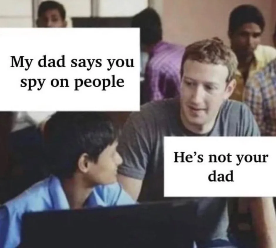 A two-panel meme featuring Mark Zuckerberg in the top panel with text 'My dad says you spy on people' and a young boy in the…