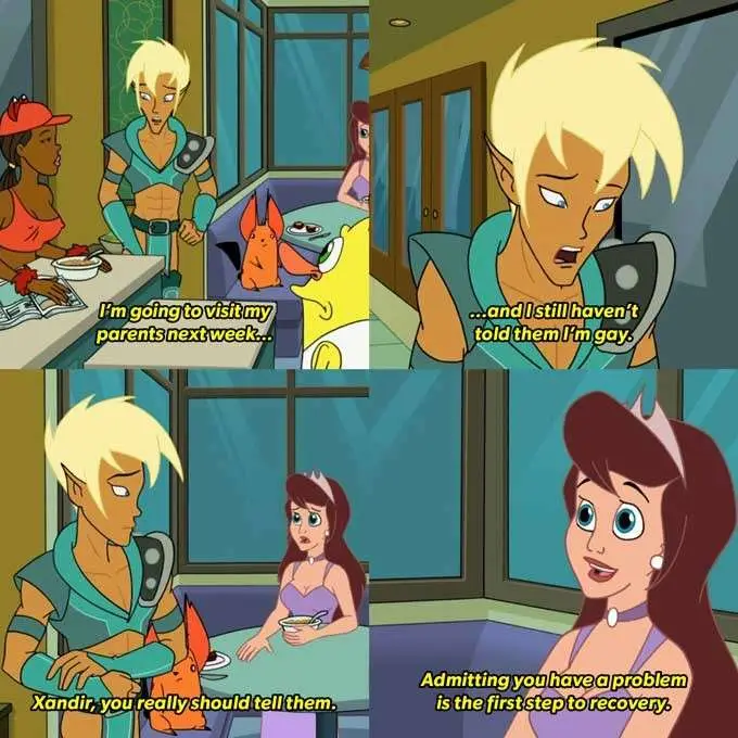 A four-panel comic strip from the animated series 'The Legend of Zelda: The Minish Cap' shows a character named Xandir…