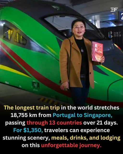 A woman stands smiling in front of a green and red high-speed train, holding a red booklet. Overlaid text claims the longest…