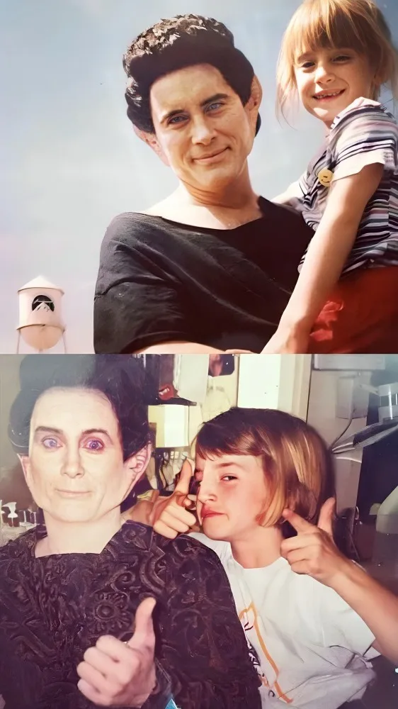 The image is a two-panel meme. The top panel shows a man with dark hair holding a young girl with blonde hair, both smiling…