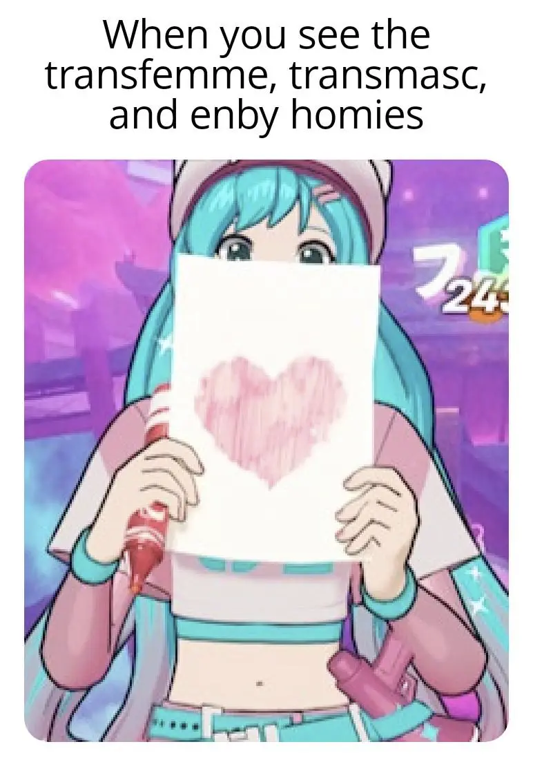 An anime-style character with turquoise hair and a pink outfit holds a white paper with a pink heart drawn on it, covering…