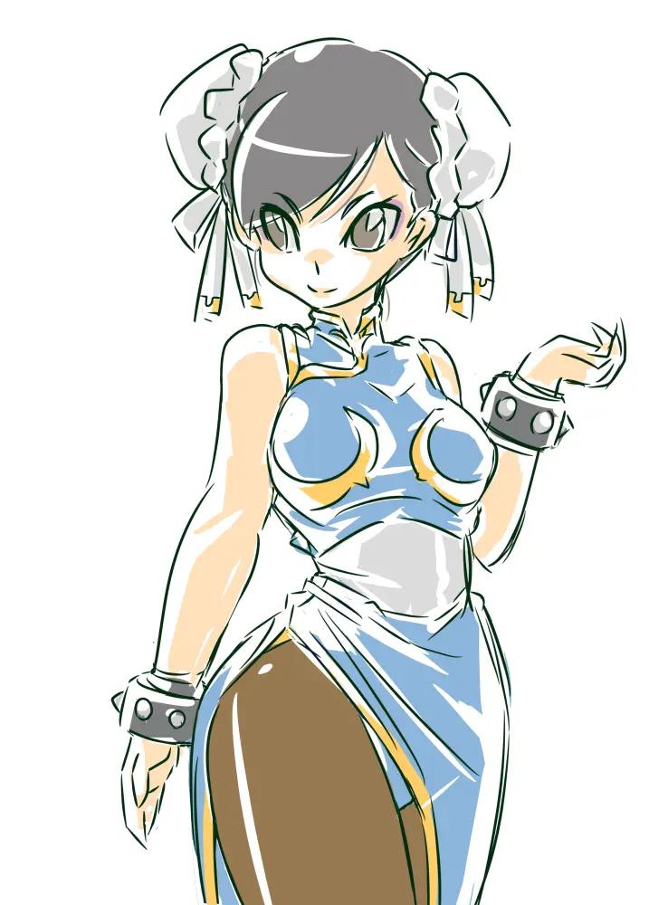 An anime-style illustration of Chun-Li from Street Fighter, depicted with her signature pigtails and martial arts attire…