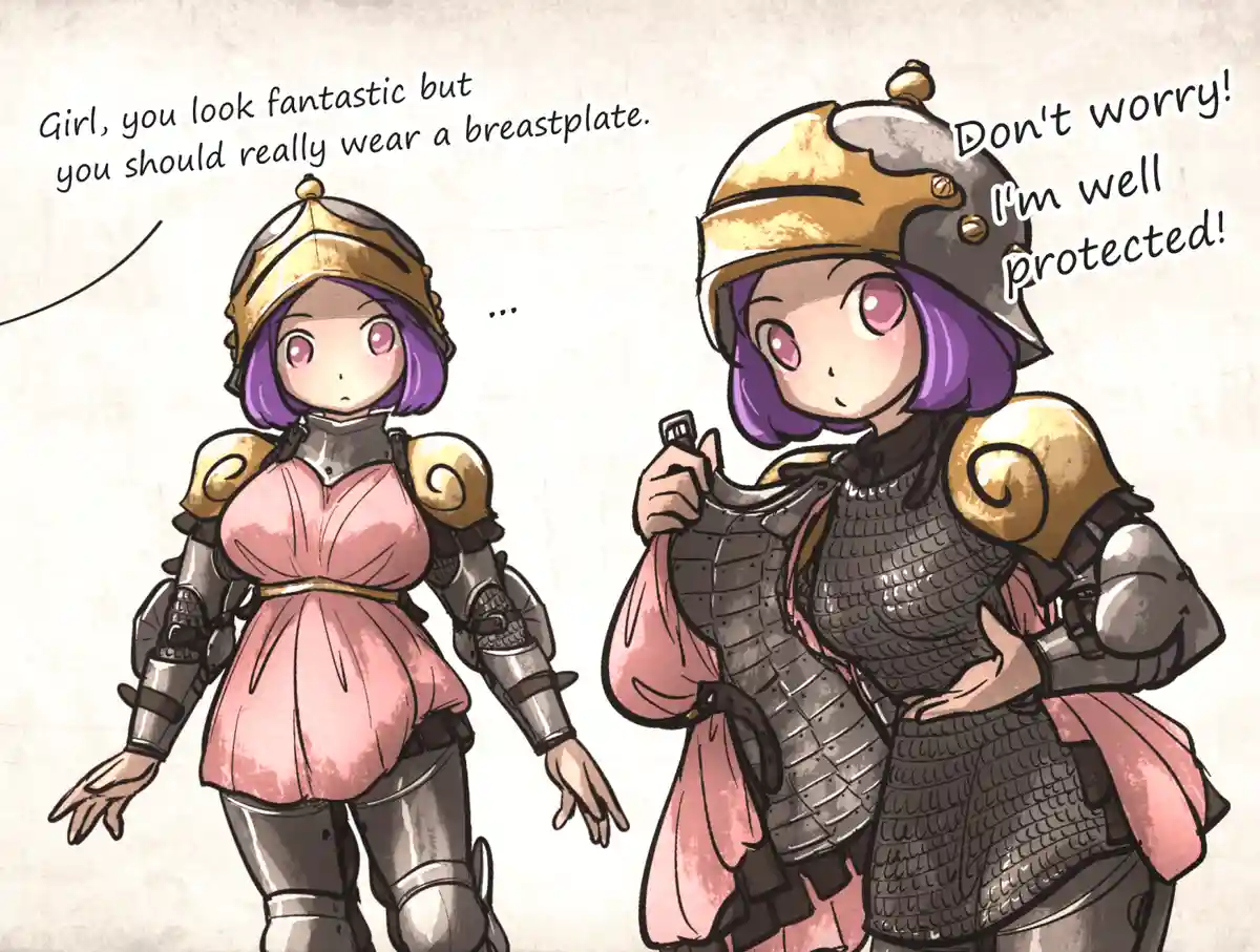 Two anime-style female warriors with purple hair and helmets stand side by side. The one on the left wears a pink dress over…