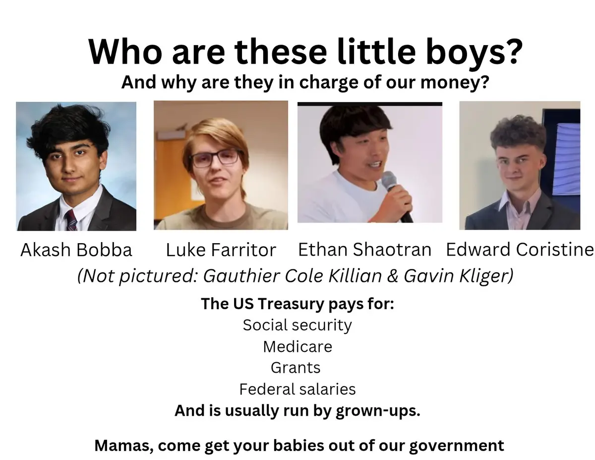 The image displays four young men in photos, labeled as 'little boys' who are supposedly in charge of the US Treasury. The…