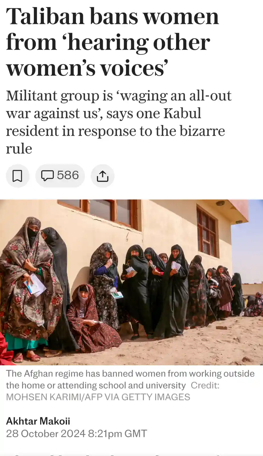 A news article screenshot shows a headline about the Taliban banning women from 'hearing other women's voices,' with a photo…