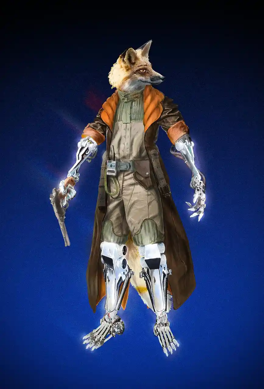 A digitally rendered anthropomorphic fox stands against a dark blue background, wearing a brown coat over overalls and…