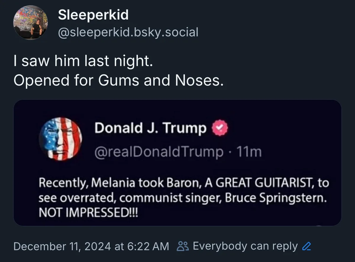 A screenshot of a social media post by 'Sleeperkid' shows a reply to a tweet from Donald J. Trump's account. Trump's tweet…