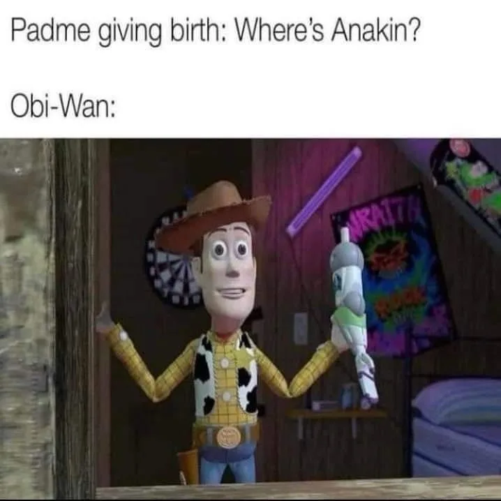 The image shows Woody from Toy Story holding a small, white, plastic toy blaster. He is standing in a doorway with a…