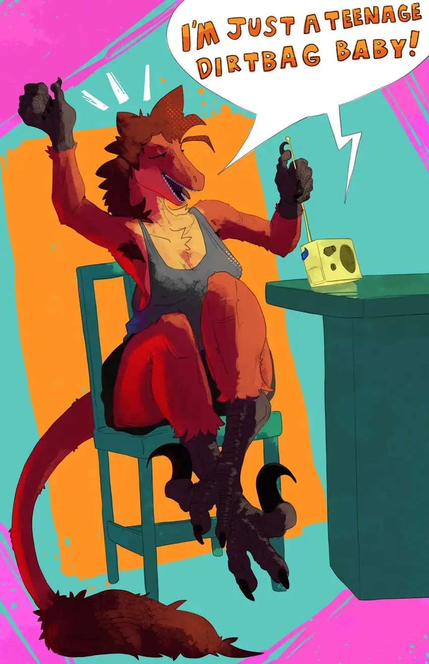 A red, anthropomorphic dragon with spiky hair and claws sits confidently on a green chair, wearing a grey tank top and red…
