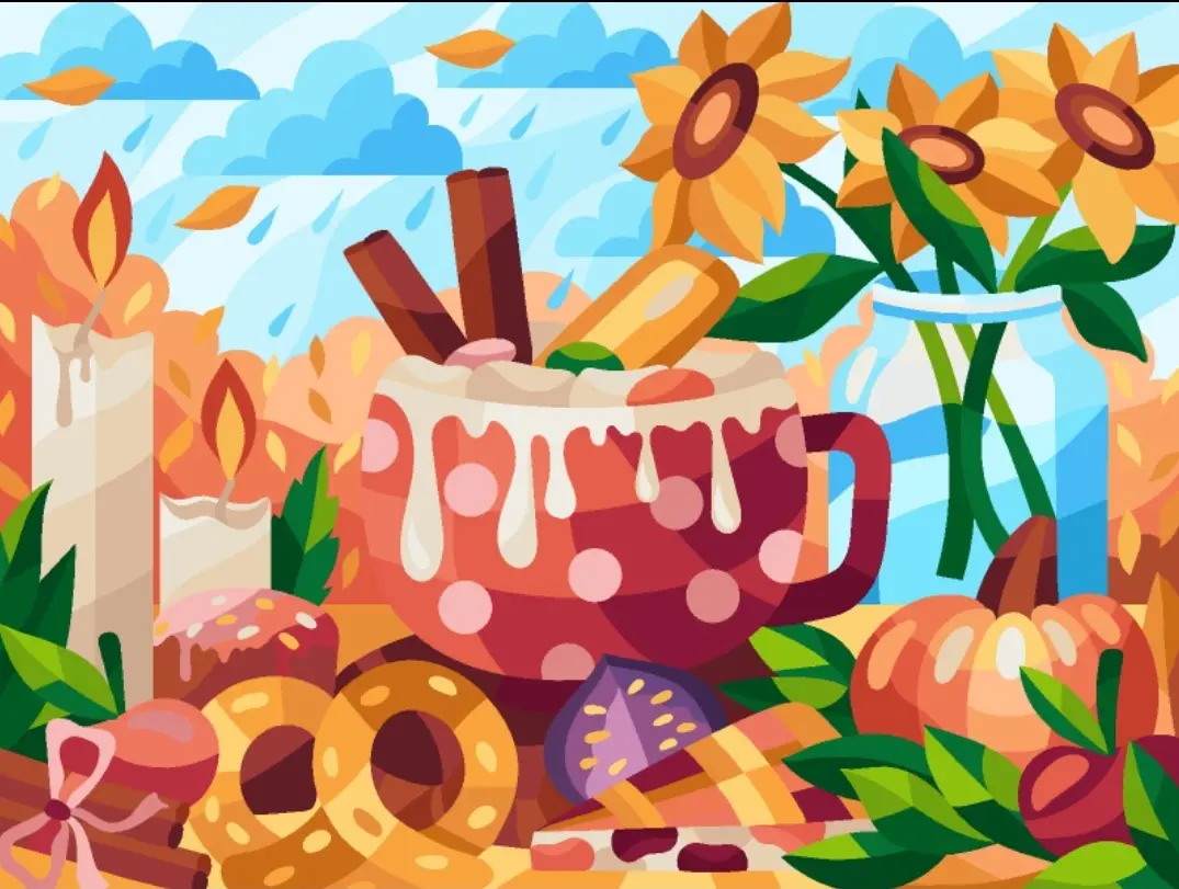 A colorful autumn-themed illustration features a large red polka-dotted mug overflowing with a creamy beverage, garnished…