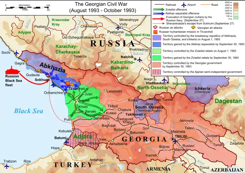 A color-coded map of the Georgian Civil War from August to October 1993, showing territorial control by various factions…