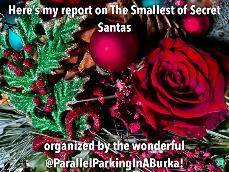 A festive holiday image featuring a red rose, glittery green holly leaves with red berries, pinecones, and red ornaments…
