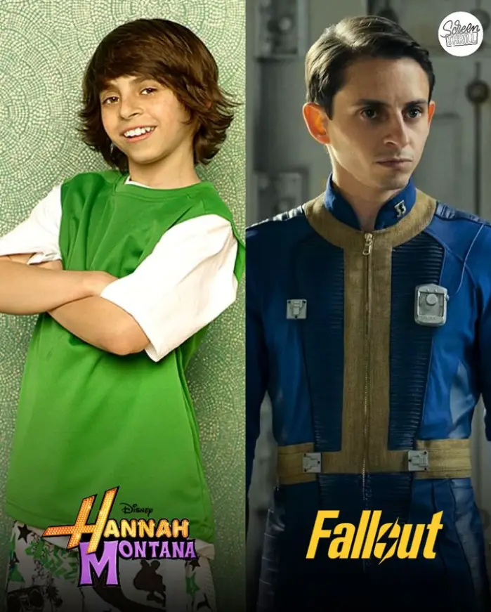 The image is split vertically, showing a young boy with brown hair in a green vest over a white shirt, smiling with arms…