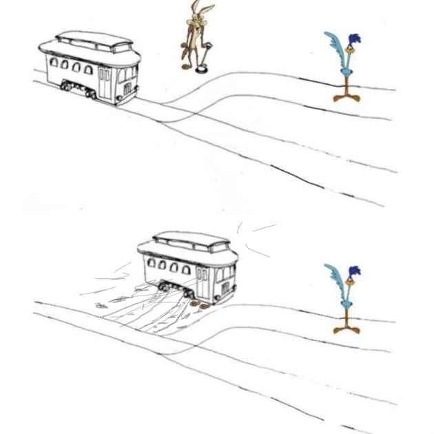 Two panels show Wile E. Coyote standing on a trolley track as a trolley approaches, then the trolley crashes into a wall…